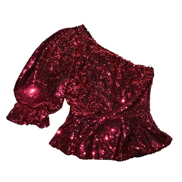 ZARA‎ NEW $74 Pink Sequin Puff Sleeve One Shoulder Peplum Top XS - Picture 1 of 4